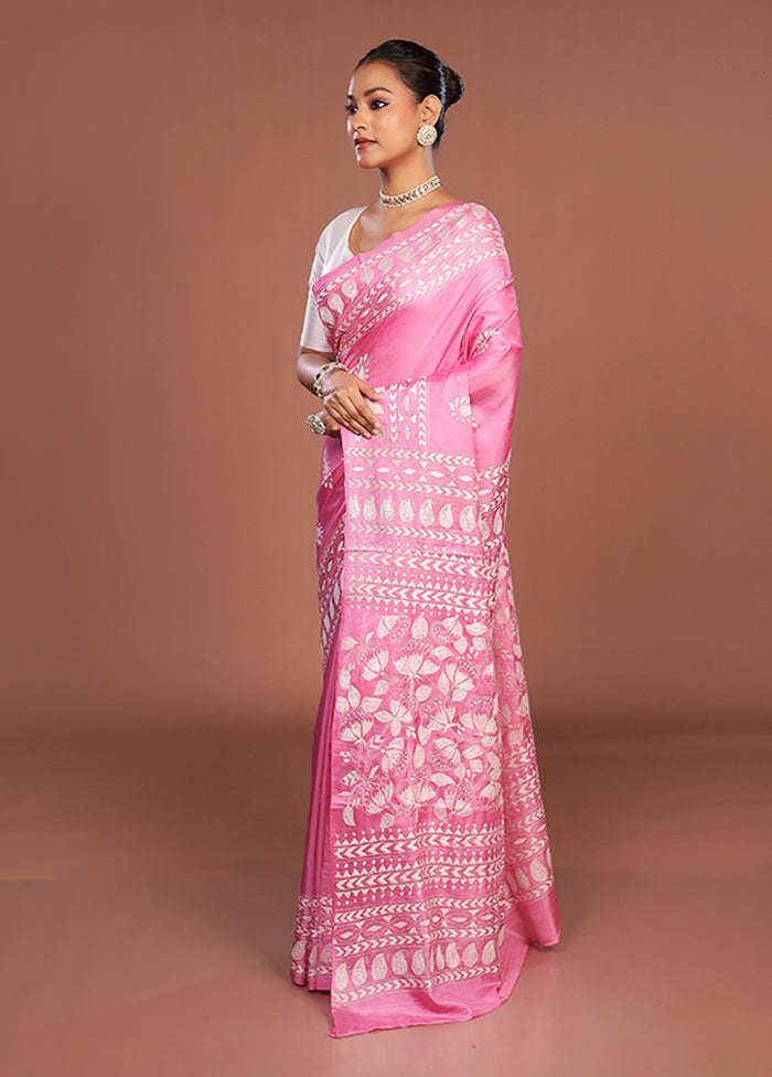 Pink Kantha Stitch Silk Saree With Blouse Piece