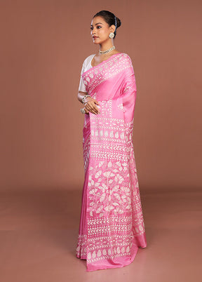 Pink Kantha Stitch Silk Saree With Blouse Piece