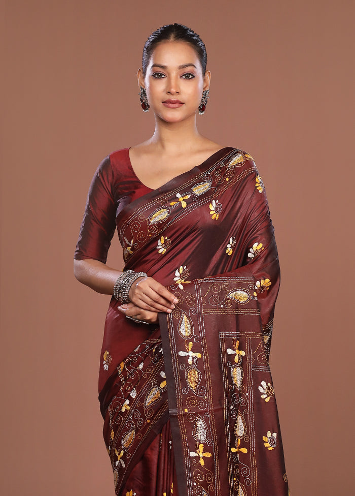 Maroon Kantha Stitch Silk Saree With Blouse Piece