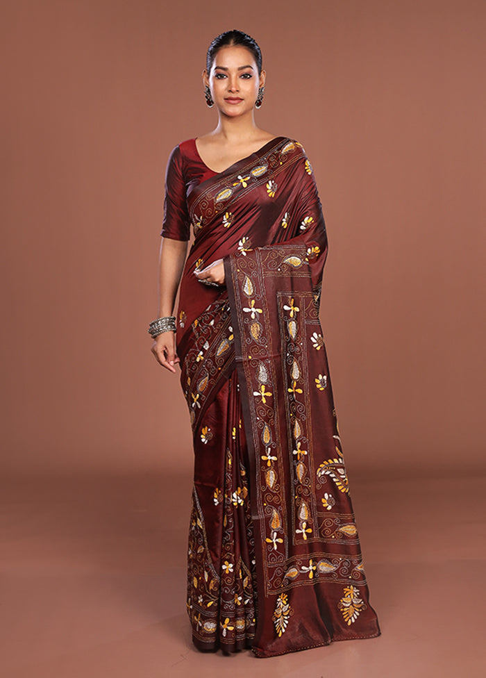 Maroon Kantha Stitch Silk Saree With Blouse Piece