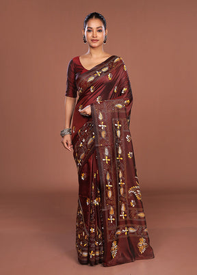 Maroon Kantha Stitch Silk Saree With Blouse Piece