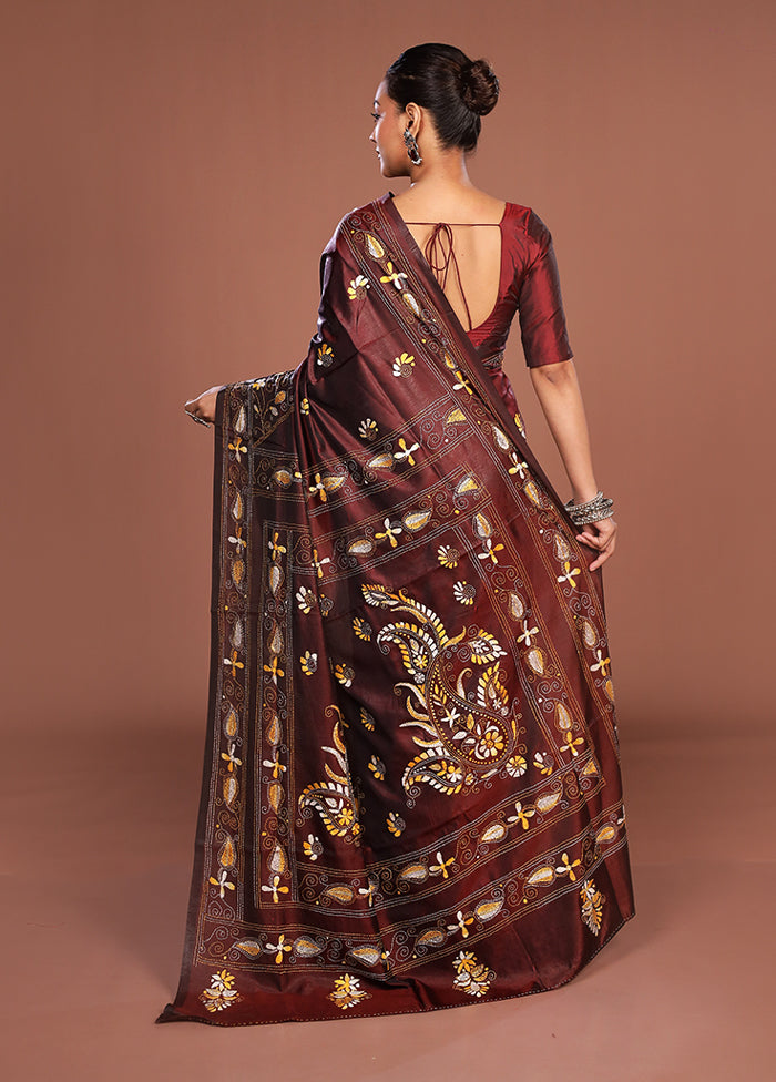 Maroon Kantha Stitch Silk Saree With Blouse Piece