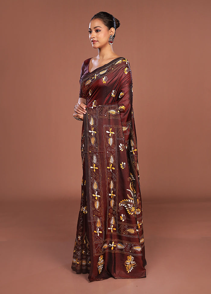 Maroon Kantha Stitch Silk Saree With Blouse Piece