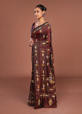 Maroon Kantha Stitch Silk Saree With Blouse Piece