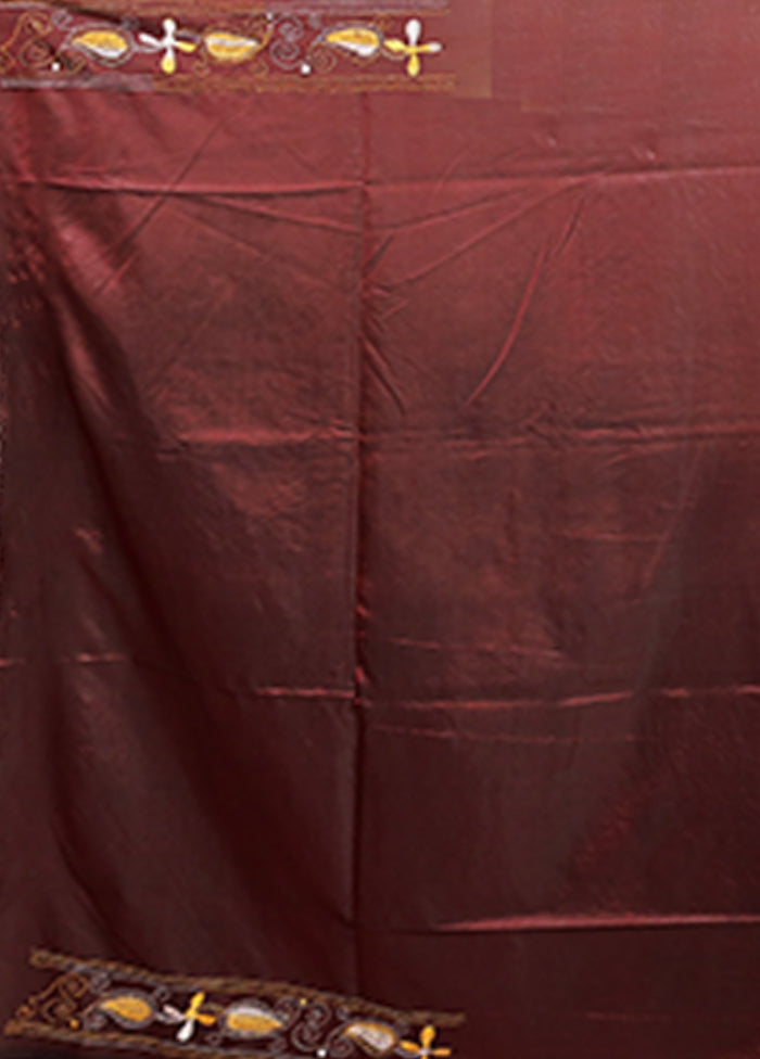 Maroon Kantha Stitch Silk Saree With Blouse Piece
