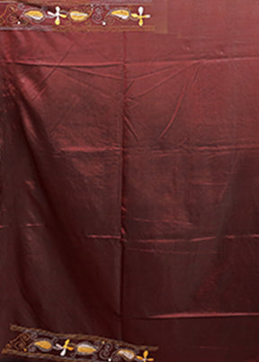 Maroon Kantha Stitch Silk Saree With Blouse Piece