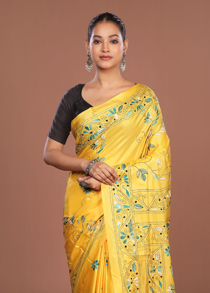 Yellow Kantha Stitch Silk Saree With Blouse Piece