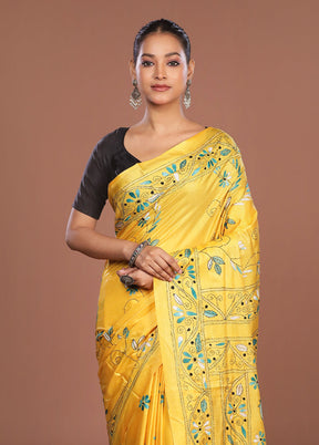 Yellow Kantha Stitch Silk Saree With Blouse Piece