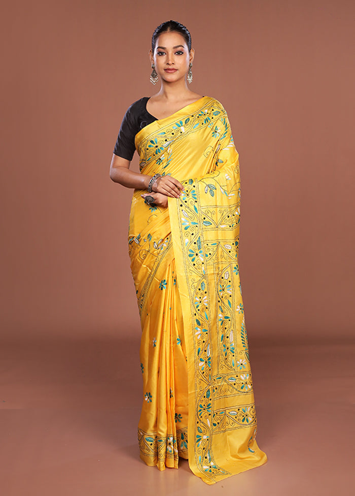 Yellow Kantha Stitch Silk Saree With Blouse Piece