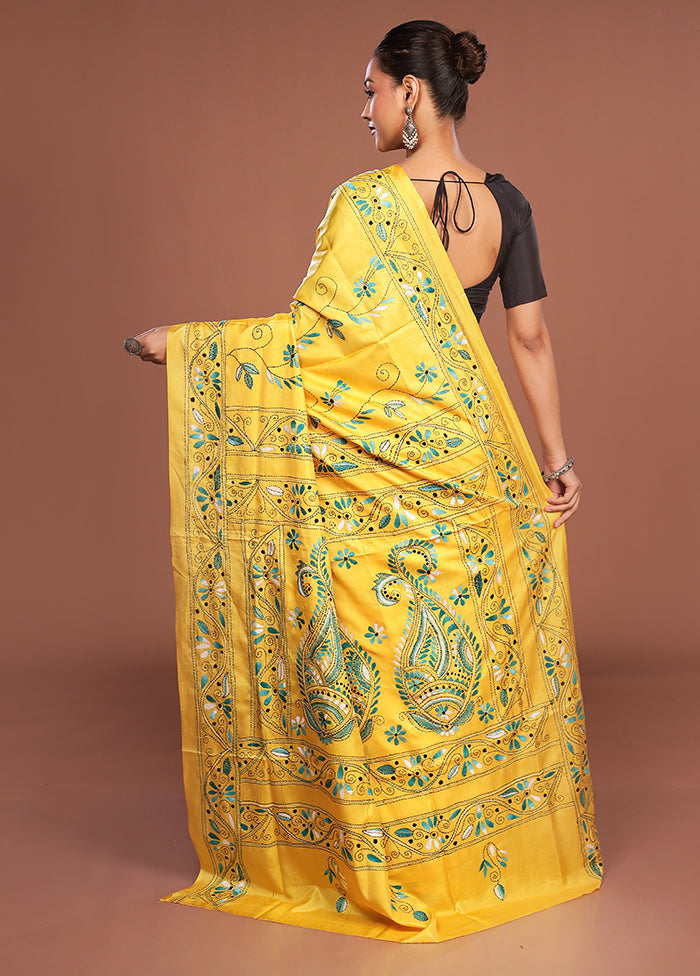 Yellow Kantha Stitch Silk Saree With Blouse Piece