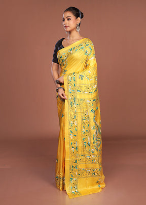 Yellow Kantha Stitch Silk Saree With Blouse Piece