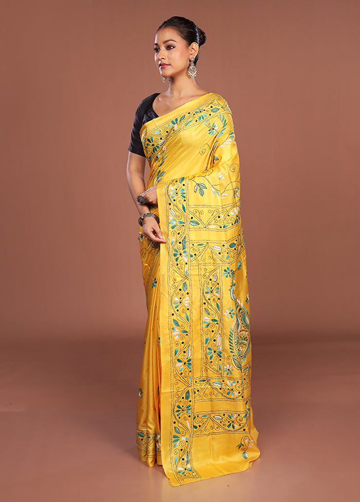 Yellow Kantha Stitch Silk Saree With Blouse Piece