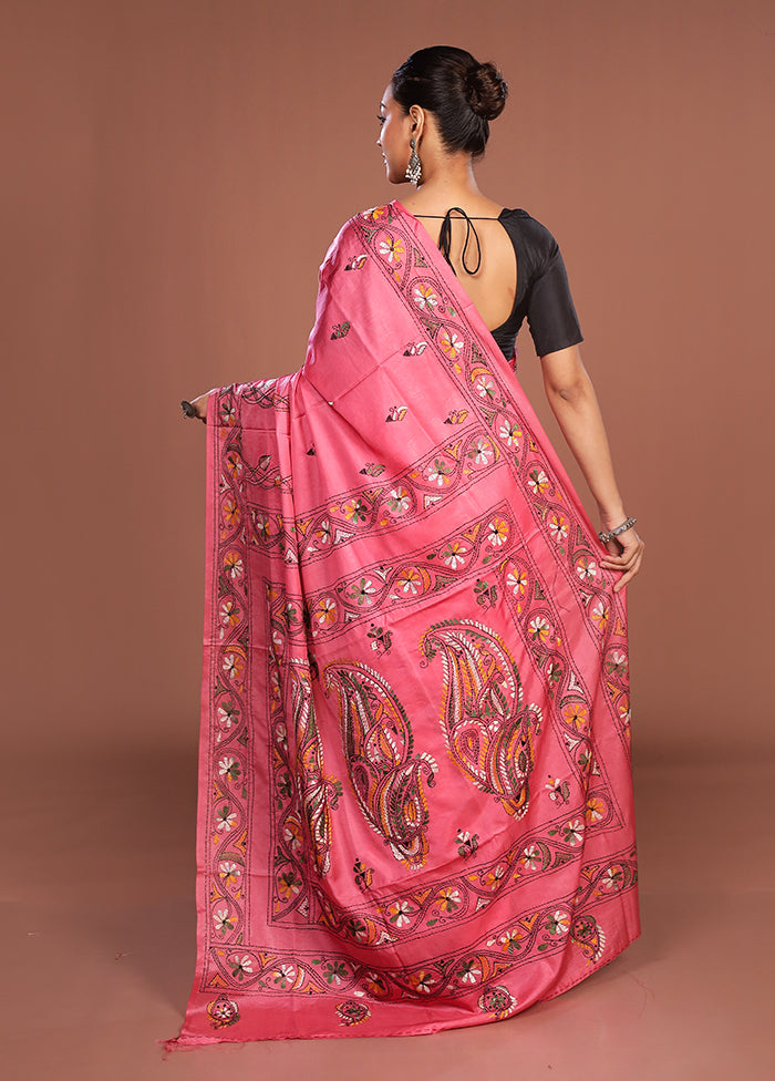 Pink Kantha Stitch Silk Saree With Blouse Piece