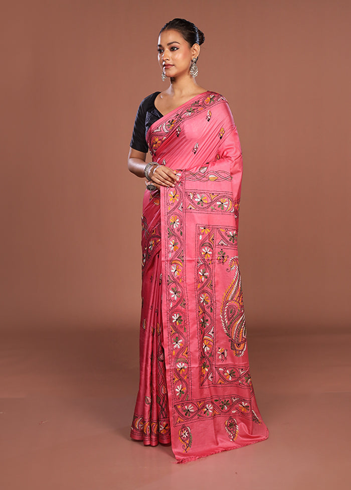 Pink Kantha Stitch Silk Saree With Blouse Piece