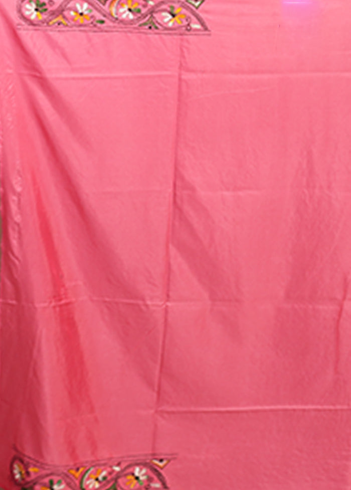 Pink Kantha Stitch Silk Saree With Blouse Piece