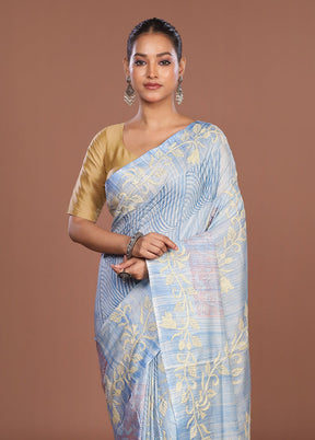 Blue Kantha Stitch Silk Saree With Blouse Piece