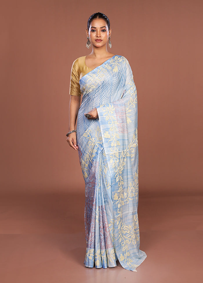 Blue Kantha Stitch Silk Saree With Blouse Piece