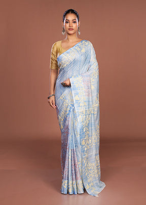 Blue Kantha Stitch Silk Saree With Blouse Piece