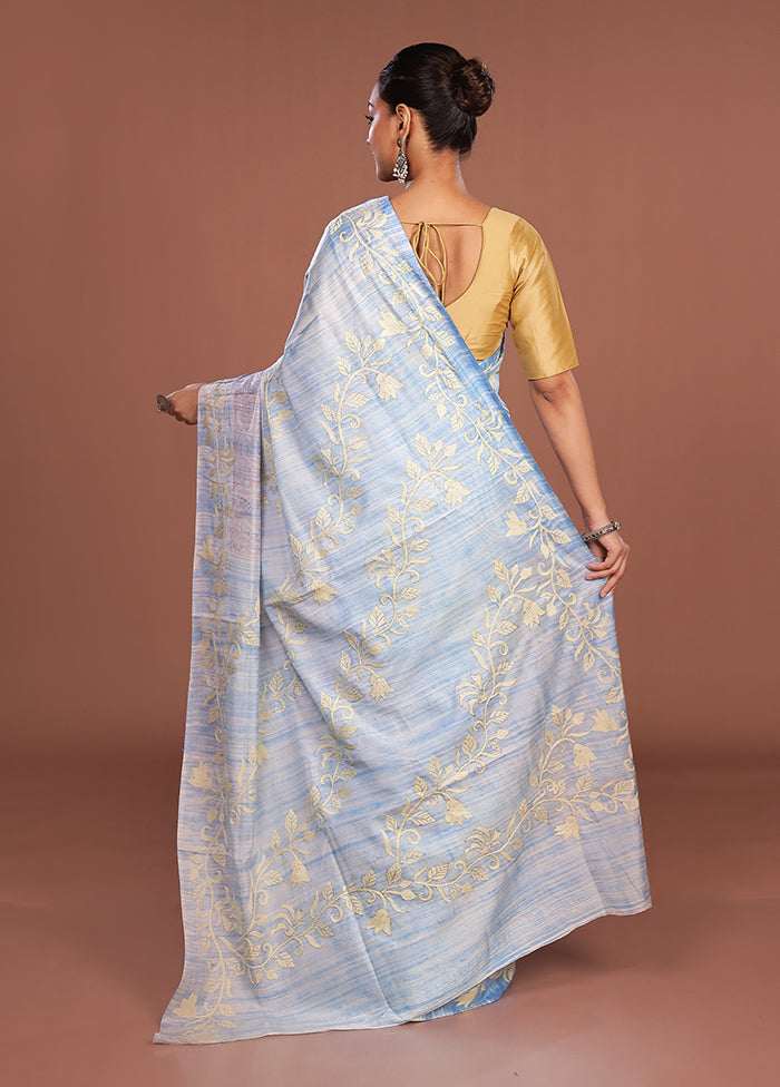 Blue Kantha Stitch Silk Saree With Blouse Piece