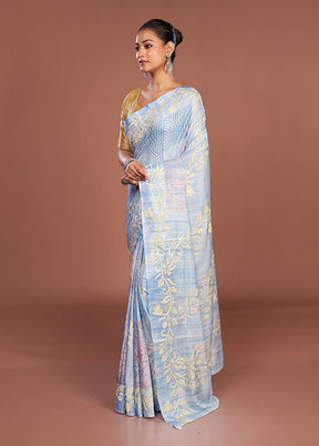 Blue Kantha Stitch Silk Saree With Blouse Piece