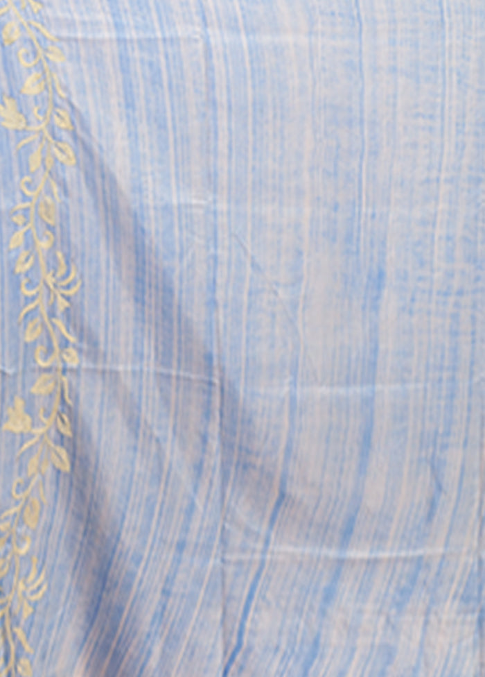 Blue Kantha Stitch Silk Saree With Blouse Piece