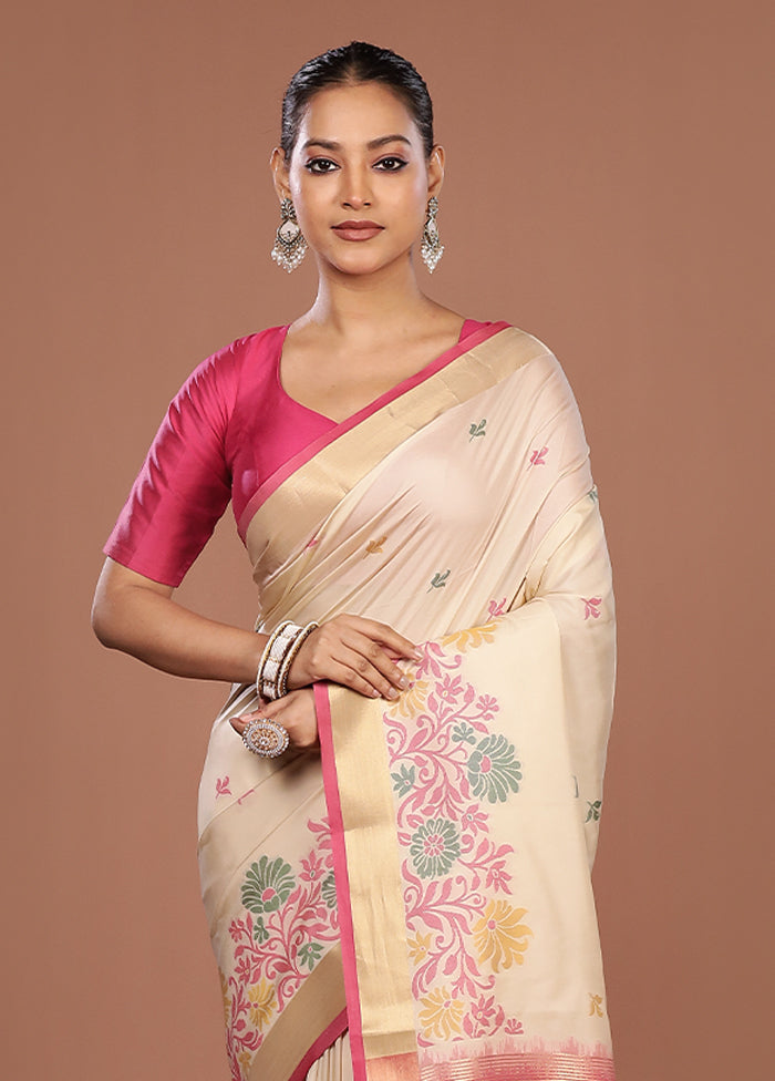 Cream Dupion Silk Saree With Blouse Piece