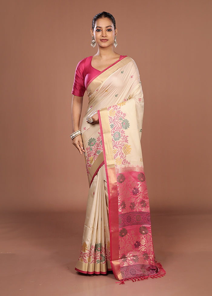 Cream Dupion Silk Saree With Blouse Piece