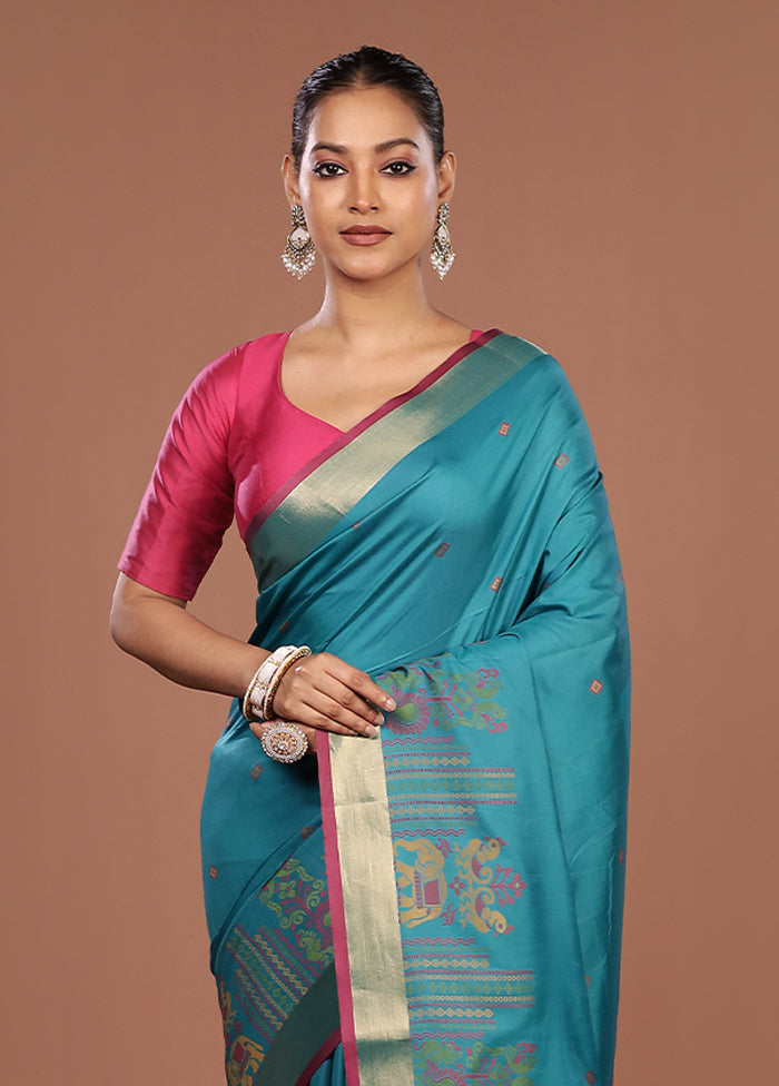 Blue Dupion Silk Saree With Blouse Piece
