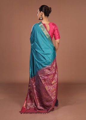 Blue Dupion Silk Saree With Blouse Piece