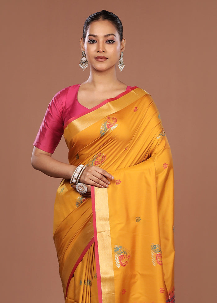 Yellow Dupion Silk Saree With Blouse Piece