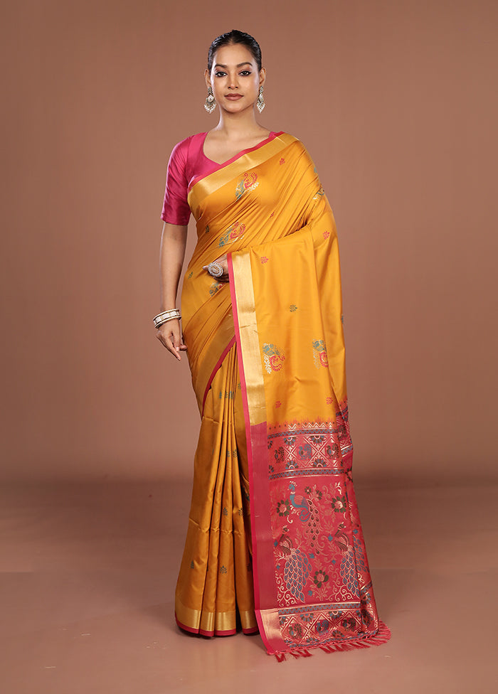 Yellow Dupion Silk Saree With Blouse Piece