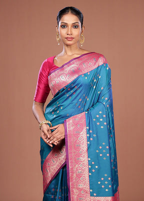 Blue Dupion Silk Saree With Blouse Piece