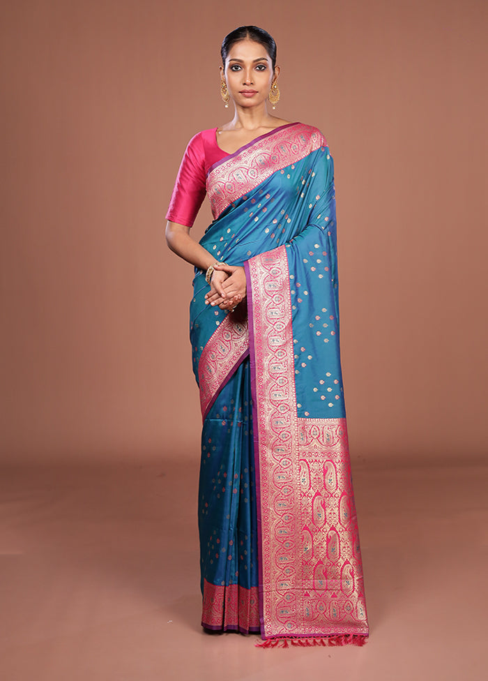 Blue Dupion Silk Saree With Blouse Piece