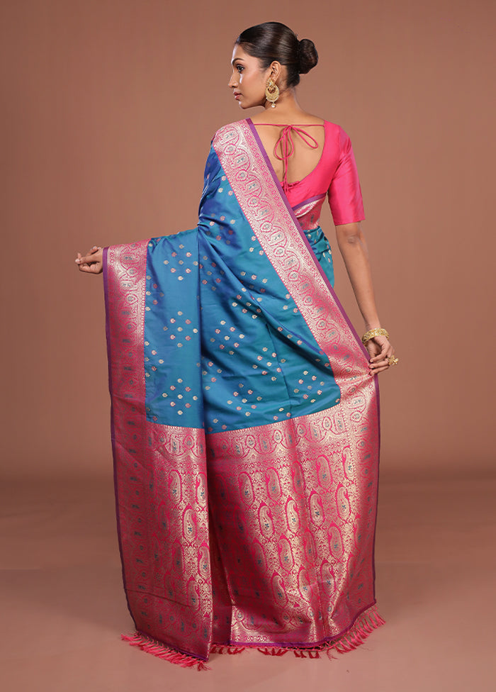 Blue Dupion Silk Saree With Blouse Piece