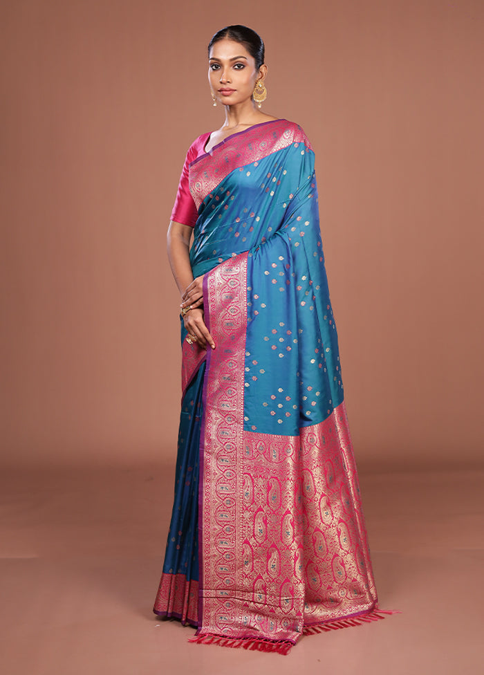 Blue Dupion Silk Saree With Blouse Piece