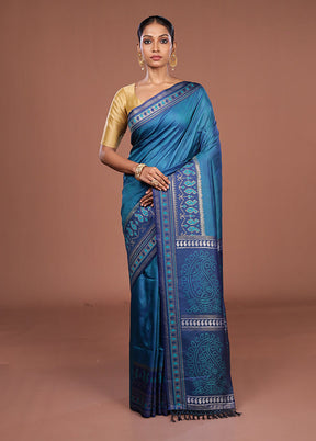 Blue Dupion Silk Saree With Blouse Piece
