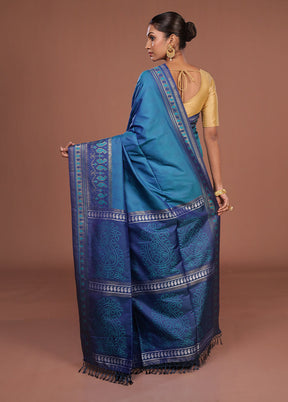 Blue Dupion Silk Saree With Blouse Piece