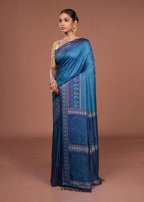 Blue Dupion Silk Saree With Blouse Piece