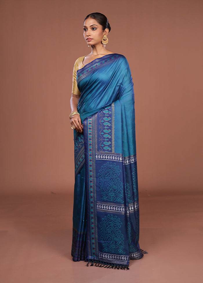 Blue Dupion Silk Saree With Blouse Piece