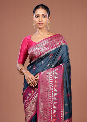 Blue Dupion Silk Saree With Blouse Piece