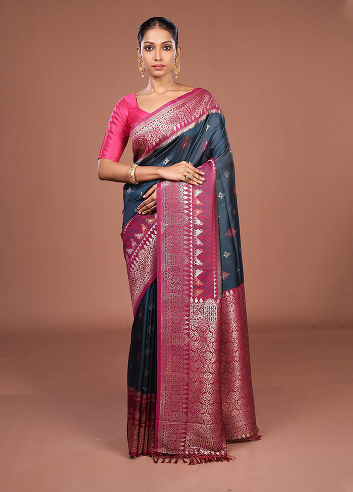 Blue Dupion Silk Saree With Blouse Piece