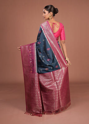 Blue Dupion Silk Saree With Blouse Piece