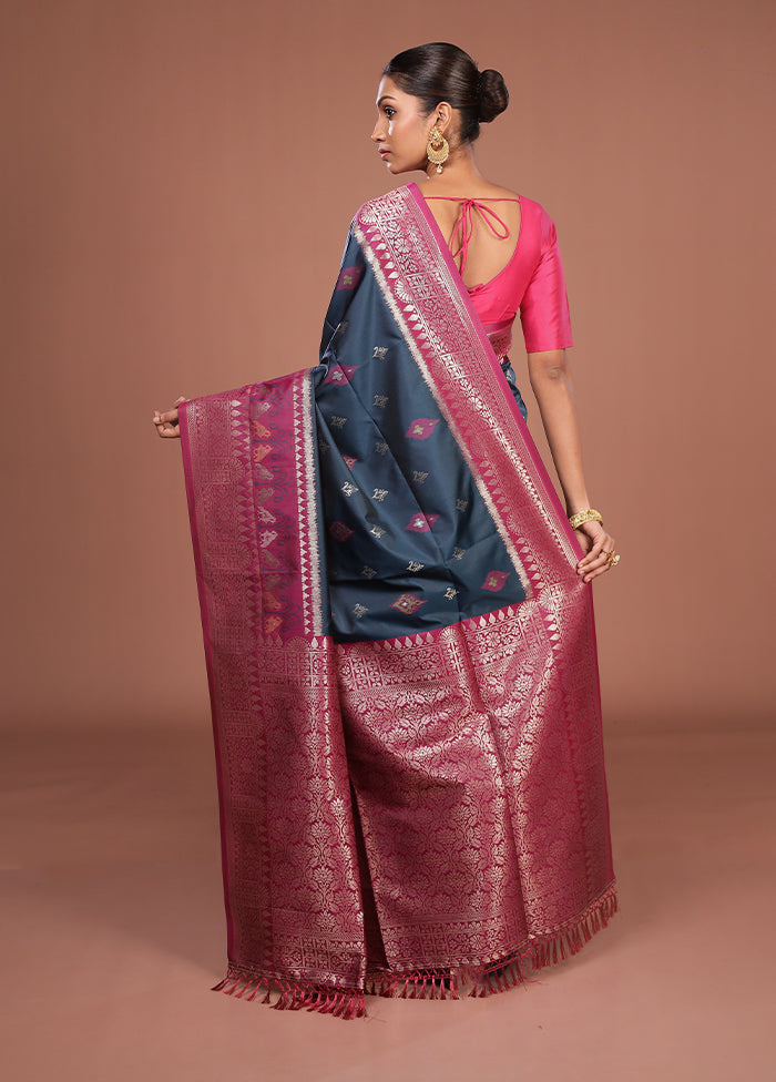Blue Dupion Silk Saree With Blouse Piece