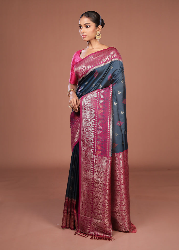 Blue Dupion Silk Saree With Blouse Piece