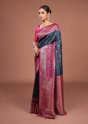 Blue Dupion Silk Saree With Blouse Piece