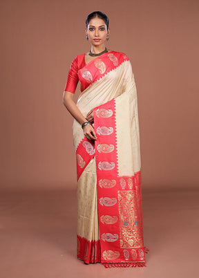 Cream Dupion Silk Saree With Blouse Piece