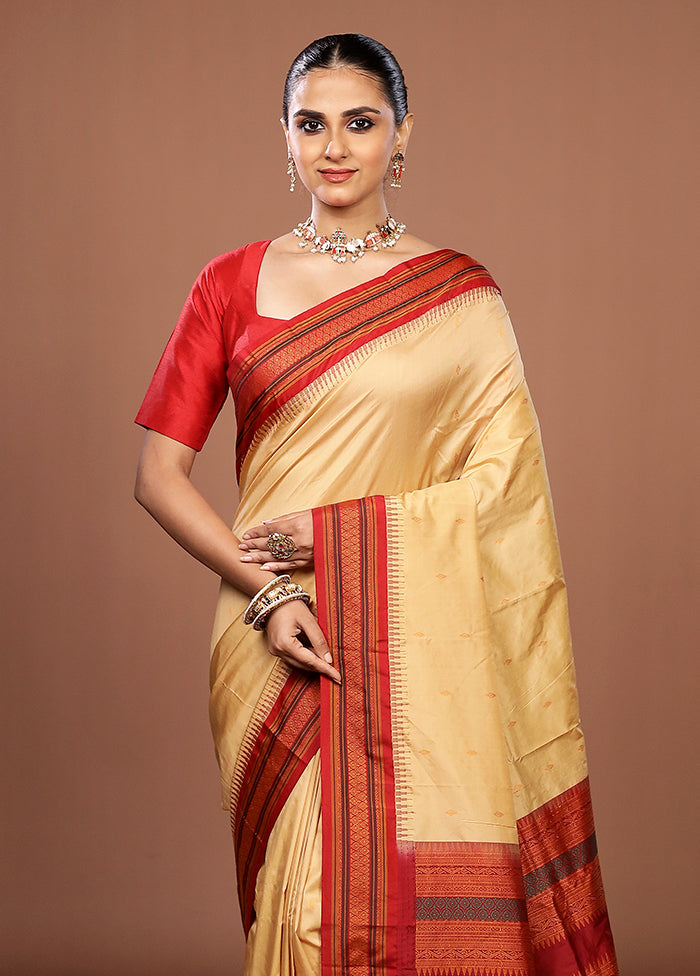 Cream Kanjivaram Silk Saree With Blouse Piece