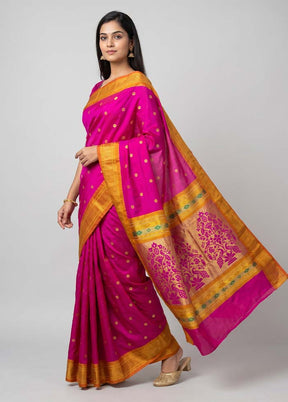 Pink Handloom Kanjivaram Silk Saree With Blouse Piece