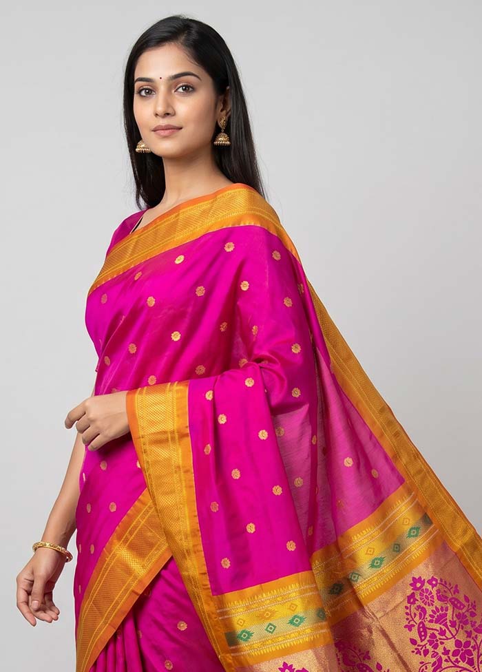 Pink Handloom Kanjivaram Silk Saree With Blouse Piece