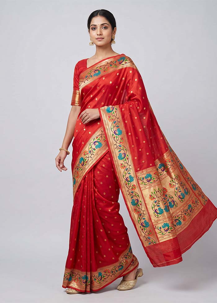 Red Dupion Silk Saree With Blouse Piece